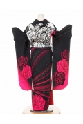 1674 黒系　裾チェリーピンク大輪の薔薇柄　tt-bｎ217背面写真