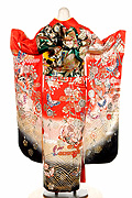 360 赤系　朱赤あげは蝶、花の饗宴古典柄背面写真