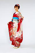 377 赤系　ワイン色きもの絵巻に鶴の羽ばたき古典柄前面写真
